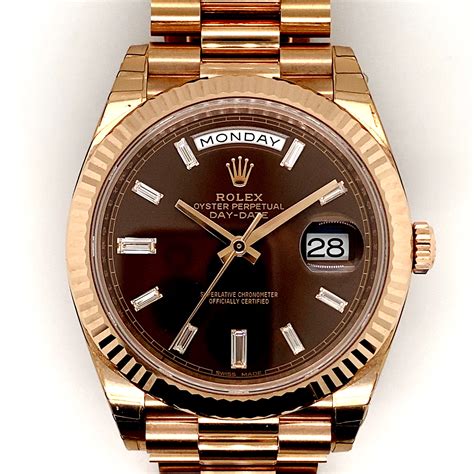 rolex day date rose gold baguette|rolex chocolate dial.